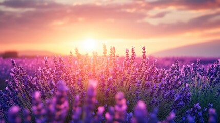 Fototapeta premium Lavender flowers on sunset background. Beautiful blooming lavender field with generative ai