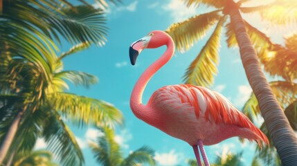 Fototapeta premium Pink flamingo standing beside palm trees, set against a bright blue sky and summery background. 3D render.