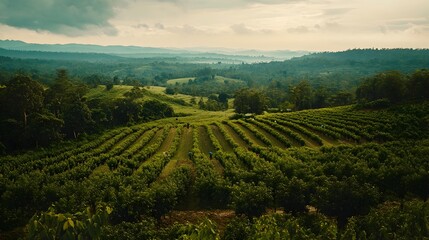 Fototapeta premium Expansive Rubber Plantation with Hardworking Harvesters Gathering Precious Latex from Rows of Towering Rubber Trees in a Lush Tropical Landscape