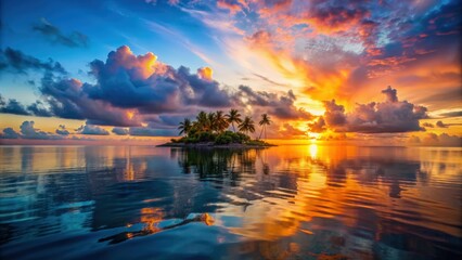 Vibrant sunset over a tropical island, reflecting in the calm ocean waters, tropical, sunset, island, ocean, reflections, vibrant