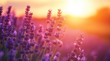 Obraz premium Lavender flowers on sunset background. Beautiful blooming lavender field with generative ai