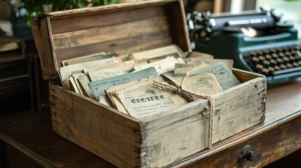 Obraz premium A rustic wooden crate box filled with vintage postcards and letters, tied with twine, set on an old wooden desk with a typewriter in the background