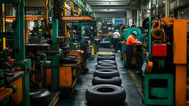 Rubber Tyre Manufacturing Process Machinery and workers shaping vulcanizing and inspecting the final automobile tire products in an industrial factory setting