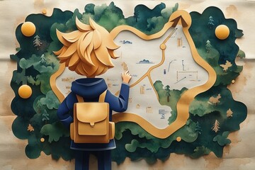 Mission-Driven Business Strategy with Cartoon Character and Roadmap in Watercolor Style