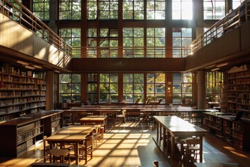 Fototapeta premium Elegant library interior featuring tall bookshelves, a large study table, and reading chairs.