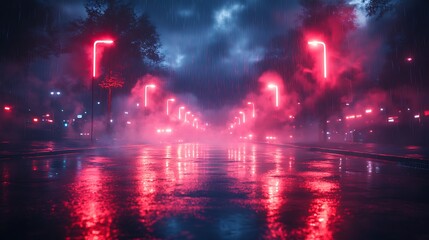 Fototapeta premium A city street at night with neon lights reflecting in puddles of rain.