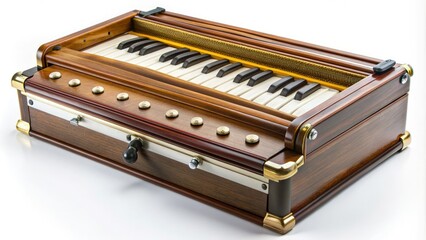 A traditional Indian harmonium instrument with brass buttons and handles resting on a clean white background, ready to be played or photographed.