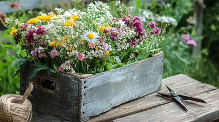 A weathered wooden crate box filled with fresh-cut wildflowers, with a pair of old garden shears and twine resting beside it