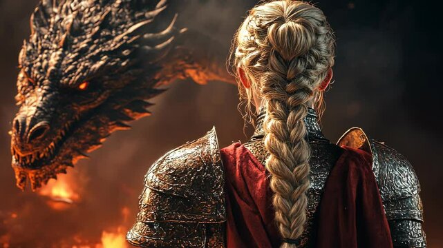 Epic battle between warrior and dragon in a fiery realm at twilight, back view of a fighting princess against the backdrop of a mythical monster