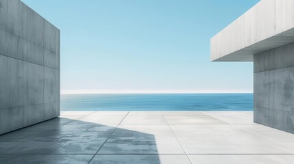 Obraz premium minimalist concrete plaza with smooth gray floor and walls panoramic sea view clear blue sky modern architectural design tranquil atmosphere