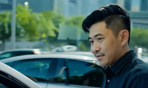 Chinese Man Parallel Parking in Busy City Street
