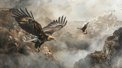 Majestic Eagle Soaring Through Stormy Mountain Landscape.