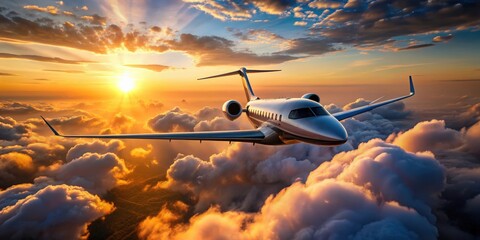 Private jetplane flying over majestic clouds and landscape at sunset, private jet, flying, clouds, landscape, sunset