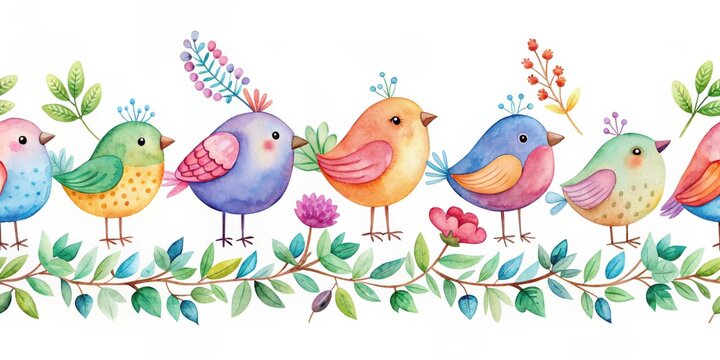 Seamless border featuring charming watercolor birds in a naive style, cute, seamless, border, watercolor, birds, naive