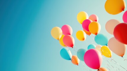 colorful balloons drifting into a clear blue sky, symbolizing freedom, celebration, and release, captured against a vivid, cloudless background.