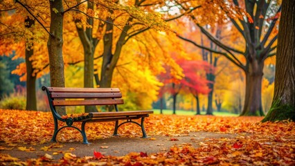 Autumnal park with a wooden bench surrounded by colorful leaves , Fall, park, bench, foliage, tranquility, peaceful, serene