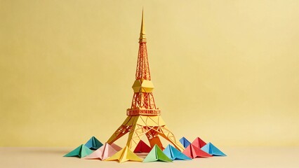 Origami Tokyo Tower on a pastel yellow backdrop with room for messages
