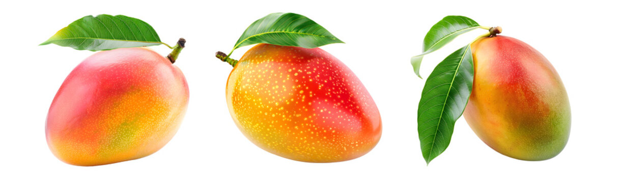 Set Of Mangoes with Leaves on Transparent Background for Fresh and Tropical Design