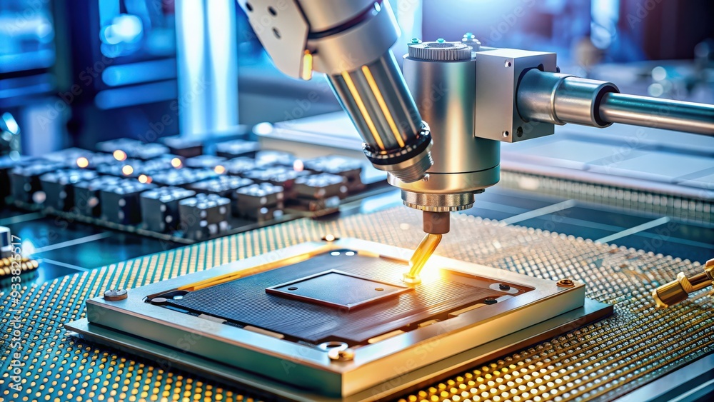 Poster close-up image of an industrial robot placing a cpu onto a motherboard in a microchip manufacturing 