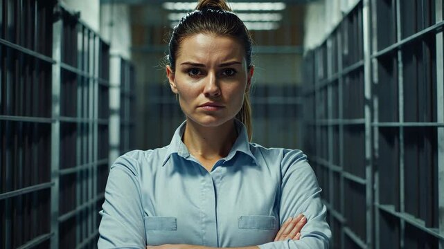 Detention officer stands confidently in a prison corridor during evening shift