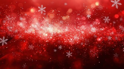 Red festive background with intricate snowflakes and shimmering stars, perfect for holiday or winter-themed designs.