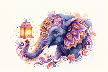 Watercolor purple Indian elephant with floral pattern and lamp on white background. Ganesh Chaturthi. Diwali. Elephant festival in India. illustration in tribal or boho style for design