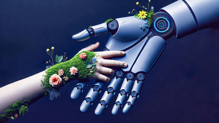 A robotic hand gently holds a a little girl's hand covered in flowers and greenery, symbolizing the harmony between technology and nature
