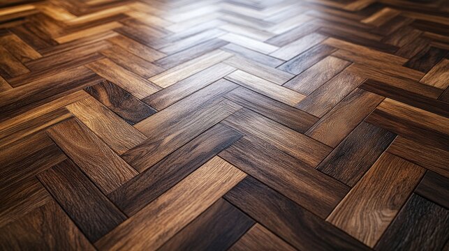 Rich, dark wood parquet flooring with a natural grain pattern, creating a warm and luxurious background.