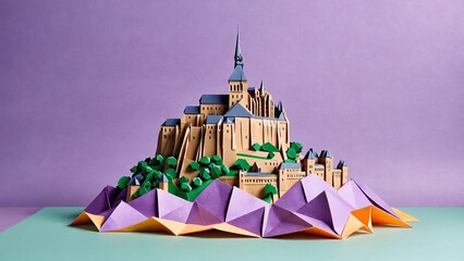 Origami Mont Saint Michel on a pastel purple backdrop with space for messages
