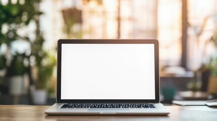 Fototapeta premium A minimalist workspace featuring an open laptop with a blank screen, surrounded by plants and bathed in natural light.