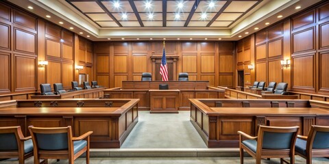 Empty courtroom with wooden benches and judge's bench , courtroom, legal, justice, empty, law, trial, judge, court