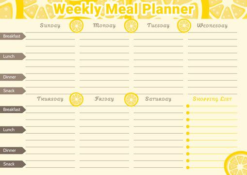 Meal planner template with a lemon pattern and space for a menu by day of the week and shopping list