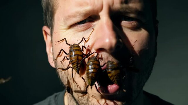 A man with a disgusted expression on his face, with large insects crawling on it