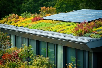 Eco-friendly green roof with solar panels and plants