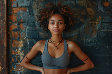 Fototapeta premium Confident woman with curly hair poses against textured wall background