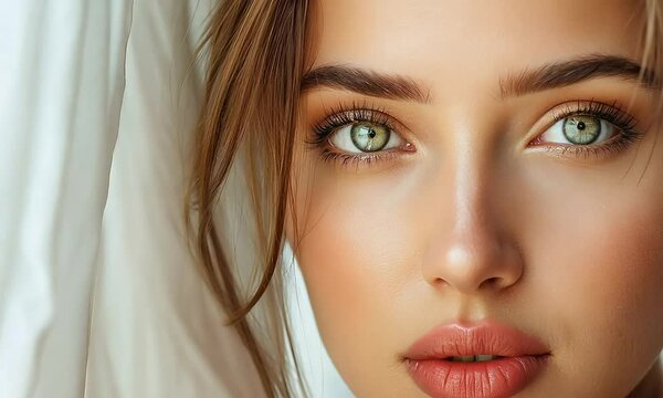 Captivating Gaze: A portrait of youthful beauty with piercing green eyes, radiating confidence and allure. 