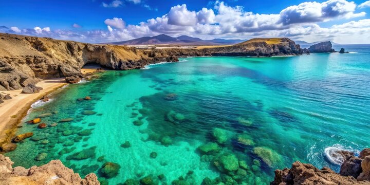 Landscape of turquoise ocean water at Caleta del Mojon Blanco in Lanzarote, Canary Islands, Spain, beach