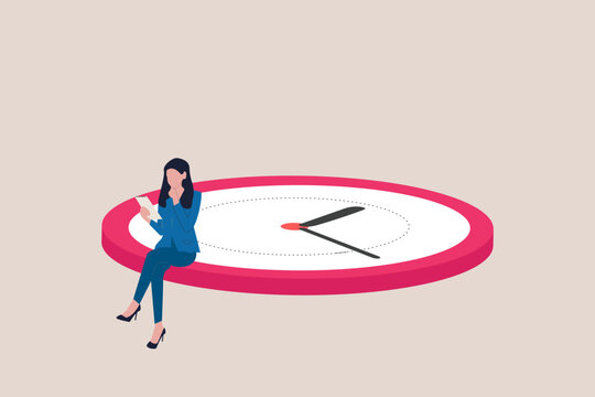 Business woman sitting on clocks, organizing time, planning tasks and scheduling. Concept of effective self organization and management control