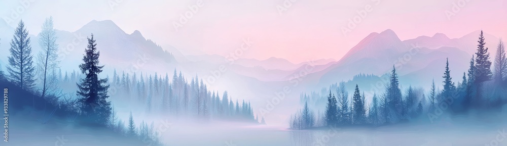 Poster an illustration of a day-to-day environment in a winter forest filled with white snowy pine trees on