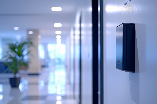 The security system of the building's entrance door includes a card reader