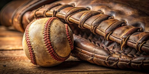 Macro shot of weathered baseball with scuffs and dirt on vintage leather glove, baseball, sports, old, vintage, dirt