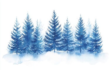 Fototapeta premium Illustration of a snowy forest with fir trees, winter nature, conifer, rural landscape, outdoor scene, isolated on white.