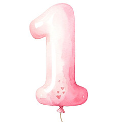 Pink number one balloon illustration with heart decorations, perfect for birthday celebrations and first anniversary designs.