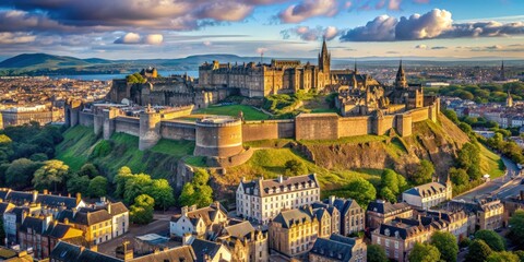 Obraz premium Beautiful aerial view of Edinburgh Castle overlooking the historic city skyline, Edinburgh, Scotland, UK, aerial view