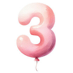 Watercolor pink number 3 balloon illustration, perfect for birthday designs, party decorations, and celebratory events.