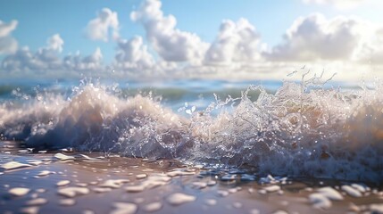 Close-Up of Ocean Wave Crashing on Sandy Beach, with Blue Sky and White Clouds in Background - Realistic Photo