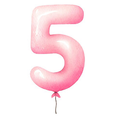 A pink, number 5-shaped balloon isolated on a white background, perfect for party decorations, birthdays, anniversaries, or celebrations.