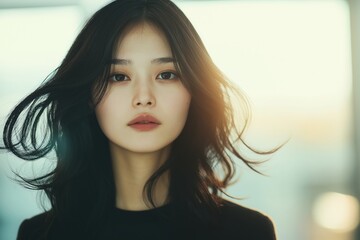 Naklejka premium Elegant portrait of a beautiful Chinese woman with hair blowing against a teal background, showcasing modern and serene beauty.