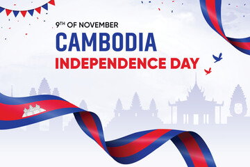 Cambodia Flag Waving On Skyline Background. Independence Day Concept Design Vector Illustration.