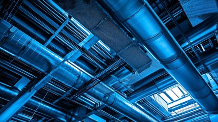 Obraz premium A bare skin ceiling with an air conditioning system, lighting design, electrical system, and fire protection system installed.